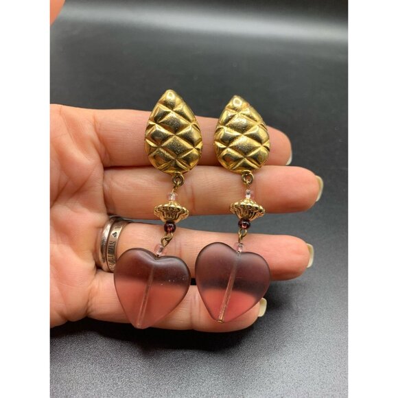 Gold Tone and Frosted Hearts Dangles Clip On Earrings Long Statement Earrings - Picture 2 of 6